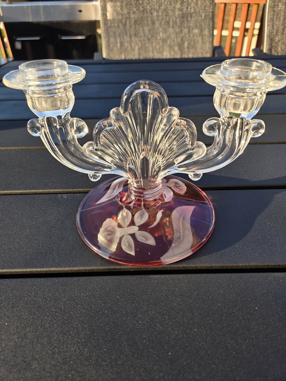Indiana Glass 1940's Double Arm  Candlestick Holder - Cranberry Etched Base